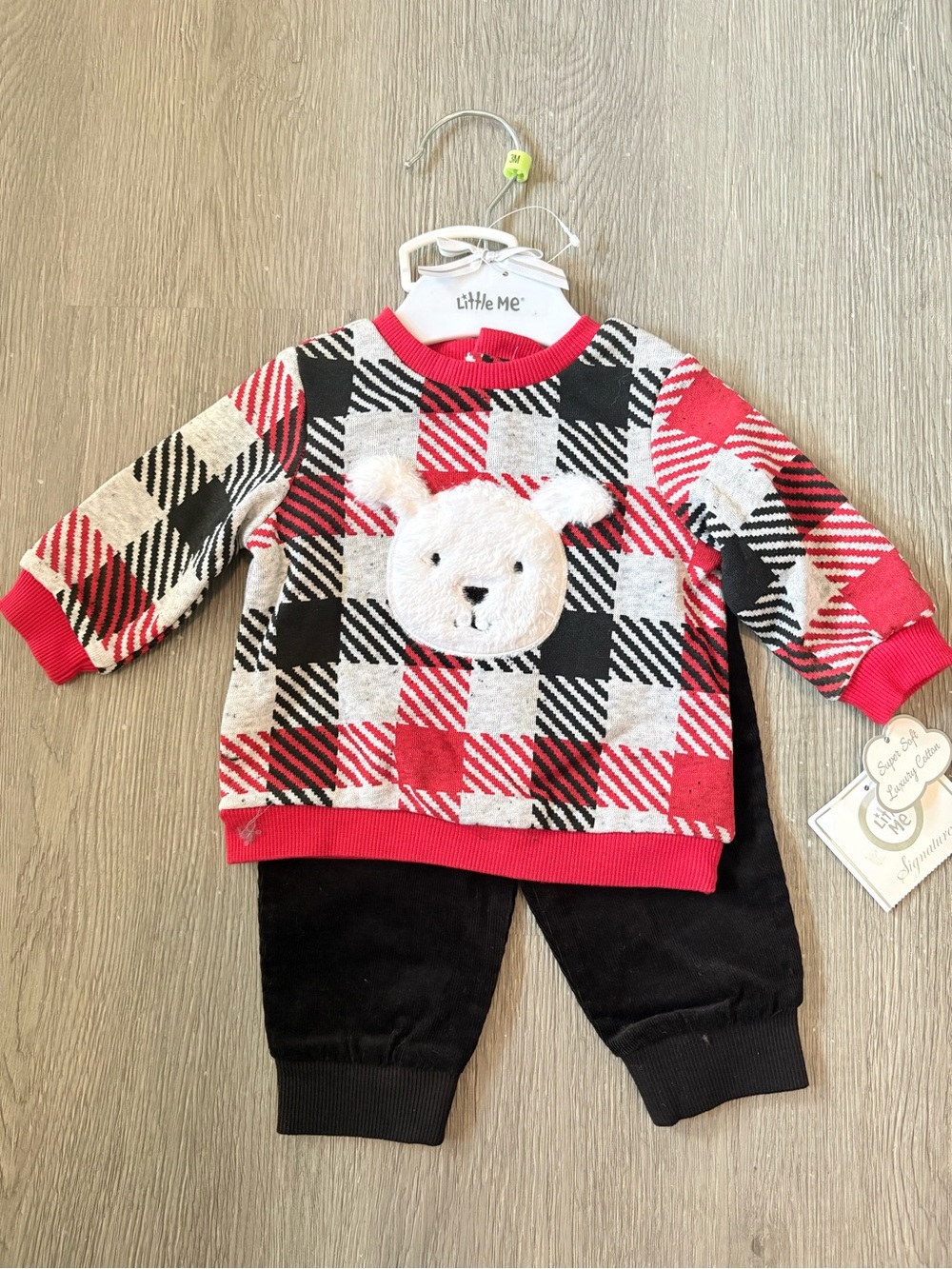 Boy's Little Me Sz 3m 2 Pc Holiday Plaid Bear Sweat Shirt And Pant NWT